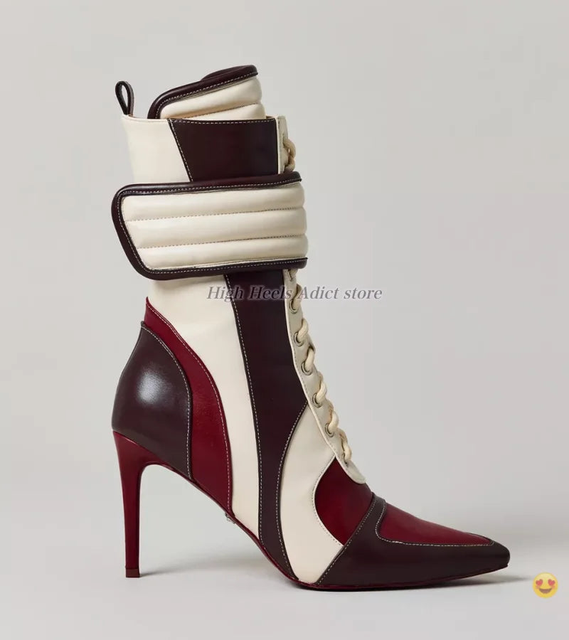 Stiletto Pointy Toe Lace Up Leather Midcalf Boots For Women