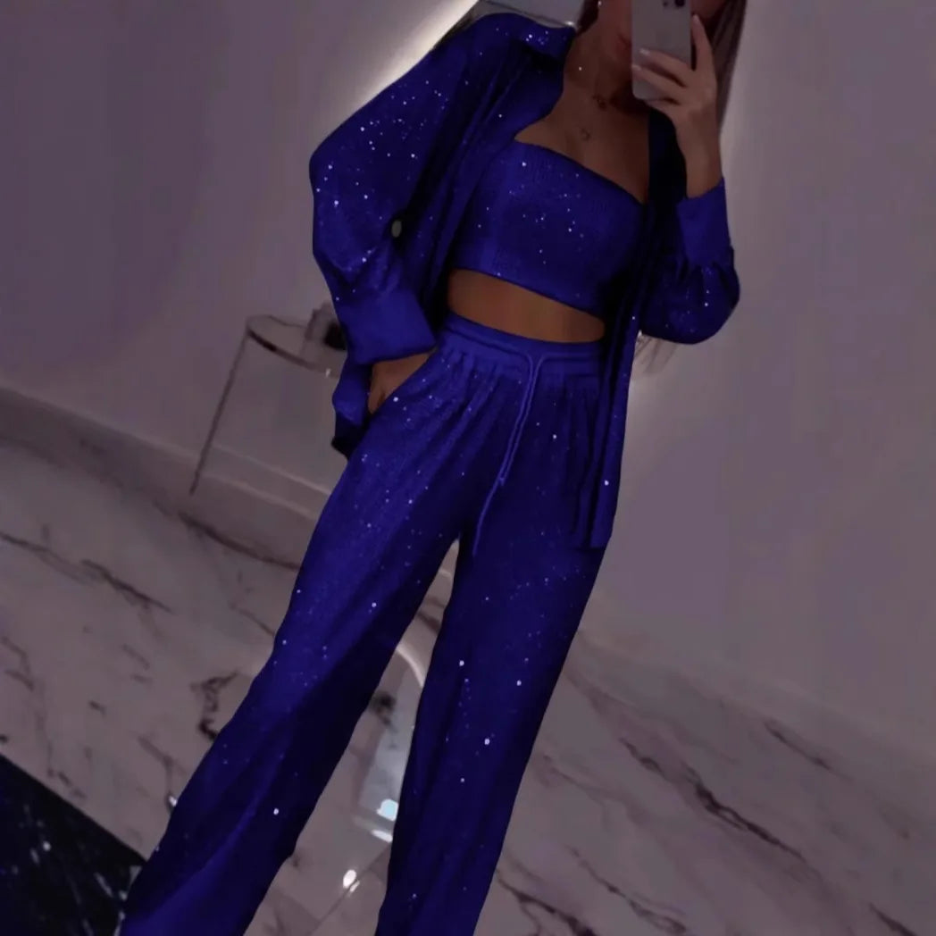 Casual Sequined Blazer With Wide Leg Pants Set For Women