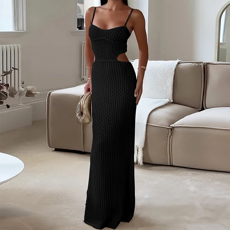 2024 Sexy See-through V Neck Cut Out Knit Beach Maxi Dress Summer Women's Holiday Elegant Outfit Swimsuit Cover Up Tunic A3094