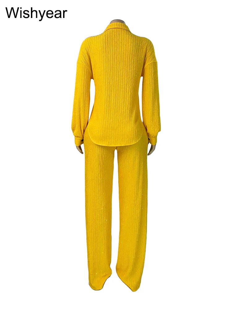 Yellow Sequin Two Piece Long Sleeve Pants Set for Women