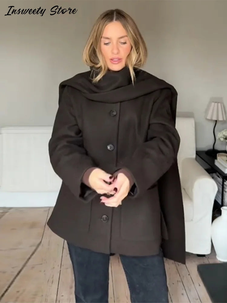 Classic Long Trench Coat With Detachable Scarf for Women