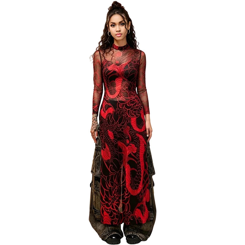 Snake Print Sheer Turtleneck Long Sleeve Top for Women