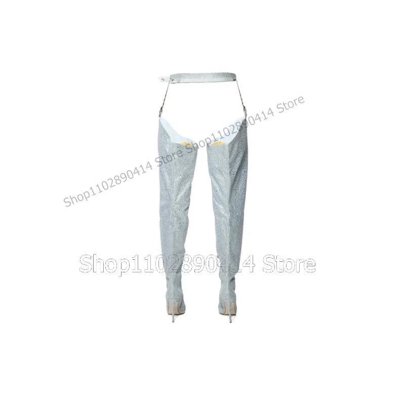 Light Blue Glitter Pointed Toe Stiletto Thigh High Boots For Women