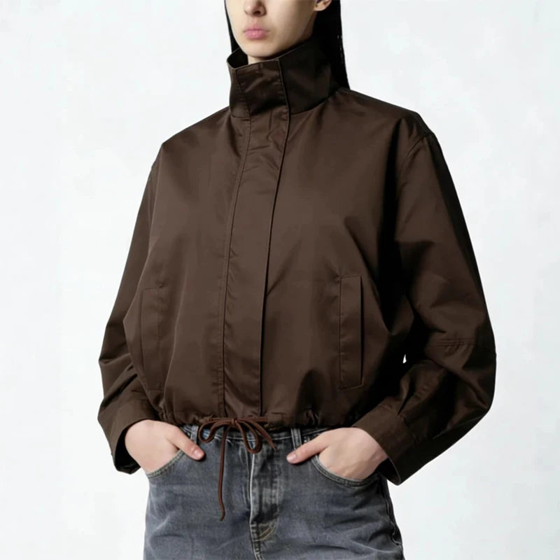 Casual Solid Jacket With Stand Collar And Pockets for Women