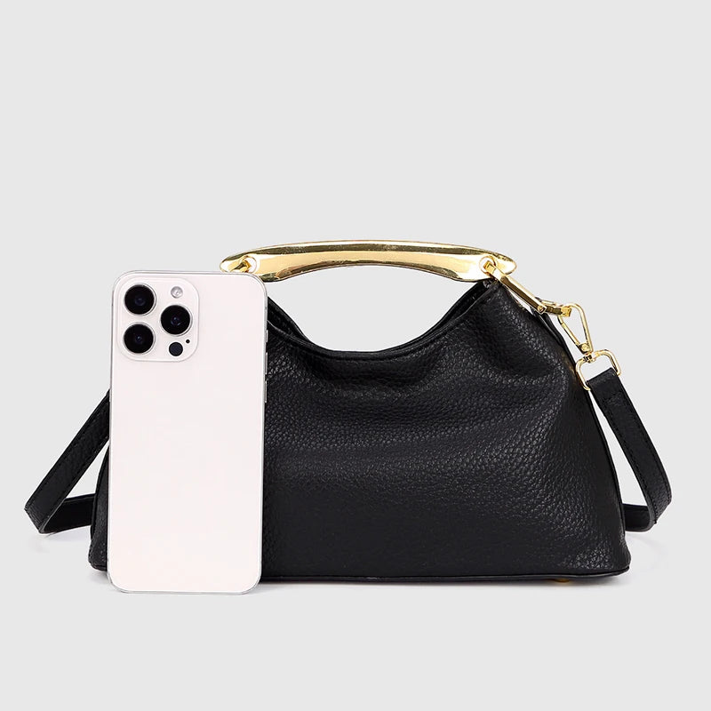 Luxury Texture Women's Bag Lychee Pattern Metal Handle Shoulder Bag Evening Clutch Bag Fashion Designer Half-moon Crossbody Bag