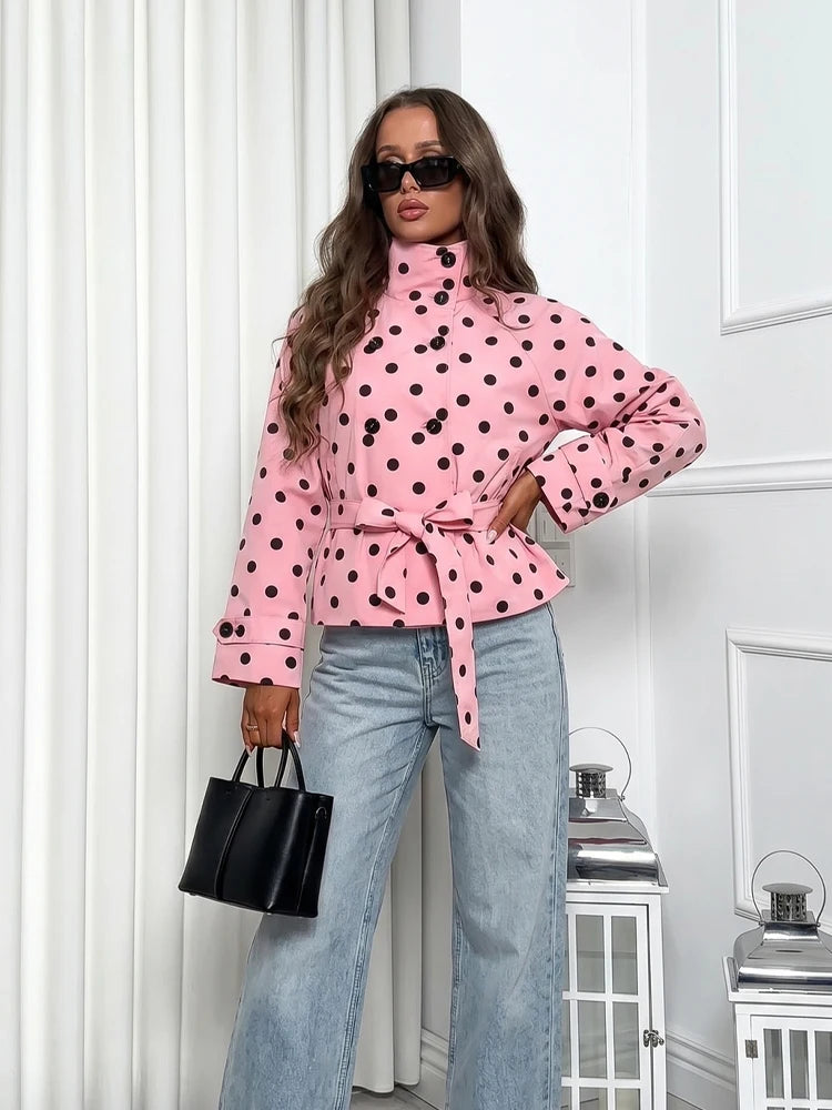 Polka Dot Double Breasted Belted Chic Jacket for Women