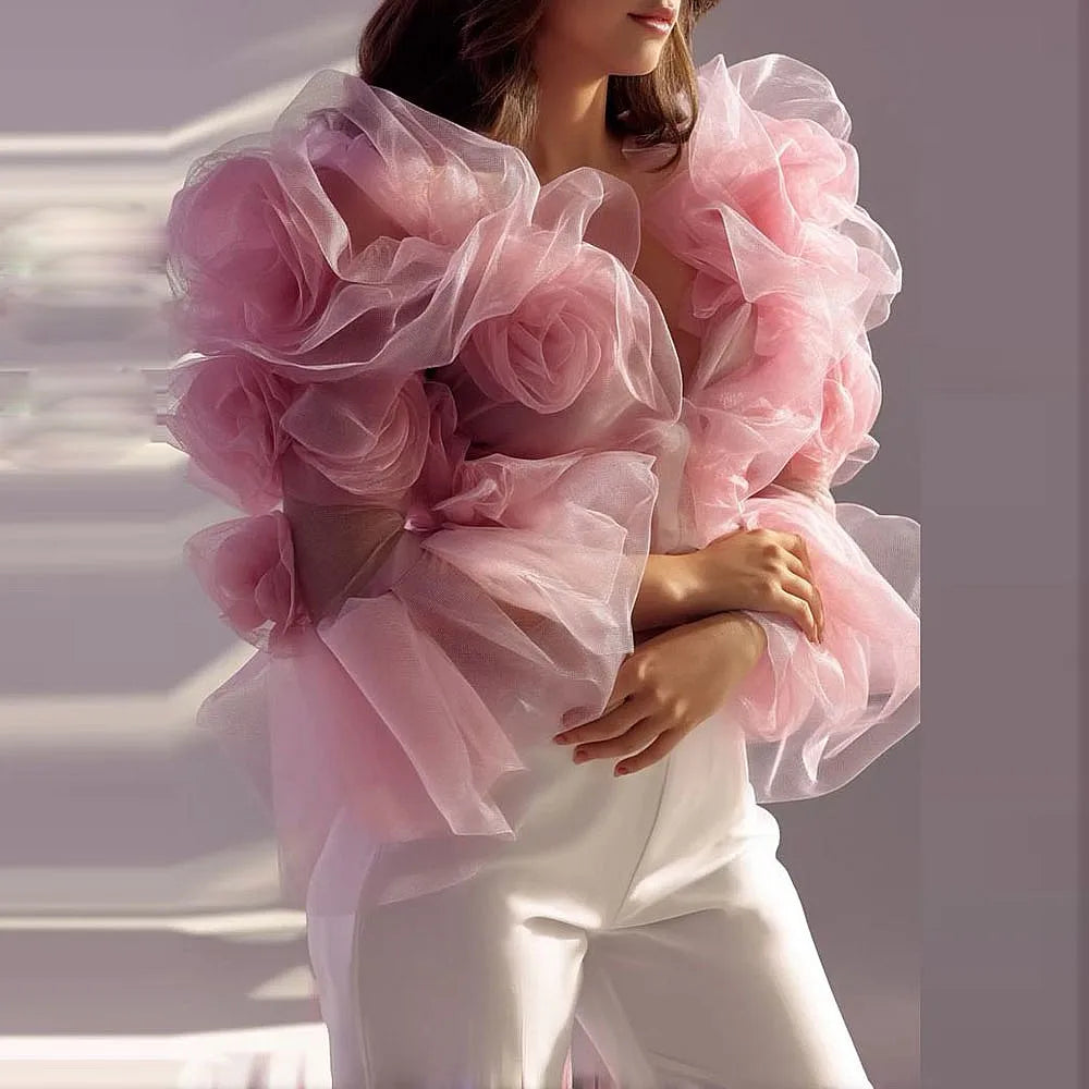 Floral Ruffled Tiered Mesh Long Sleeve Jacket for Women