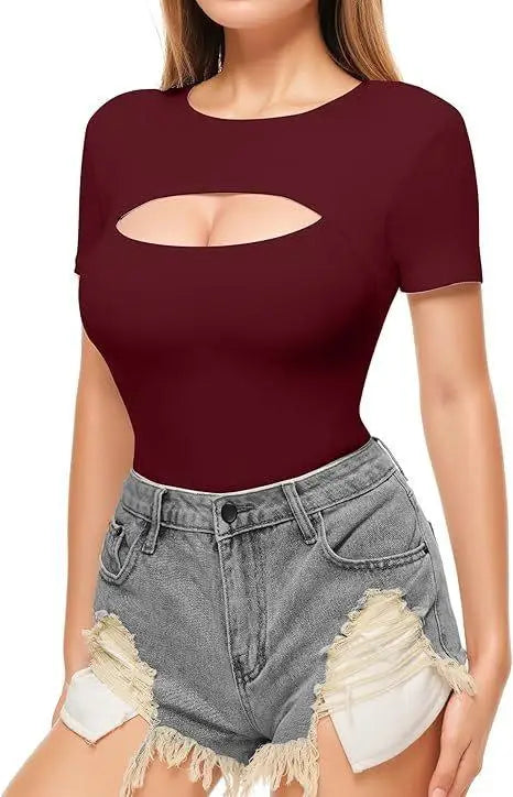Seductive Tops Intricate Hollow Lacework T-Shirt Figure Hugging RoundNeck Blouse Classic Comfortable SolidColor Shirt