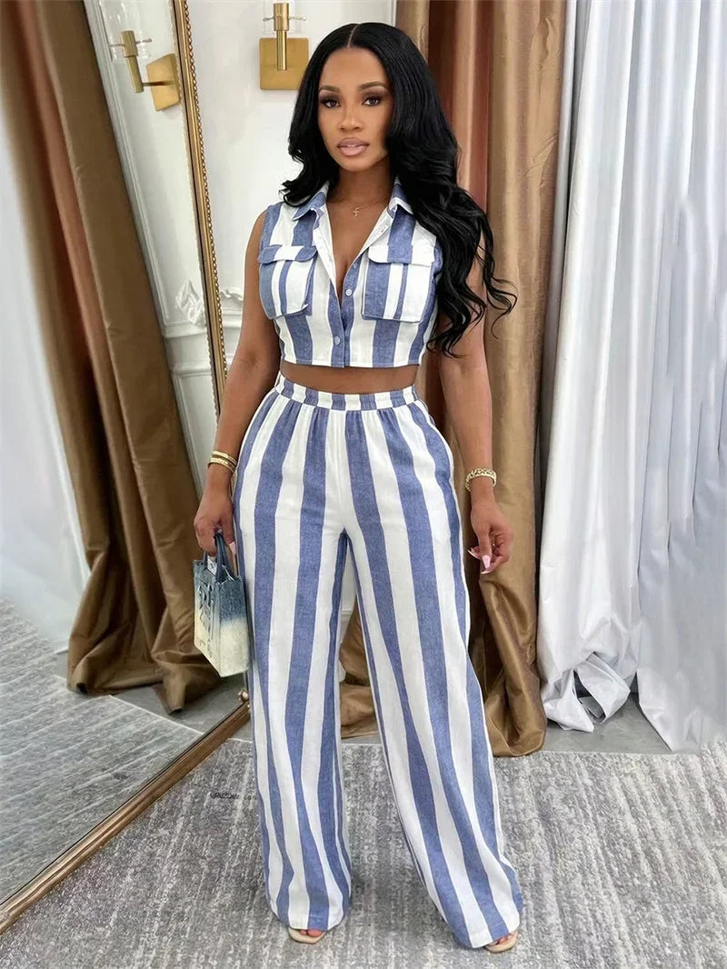 Striped Two Piece Shirt And Wide Leg Pants Set for Women
