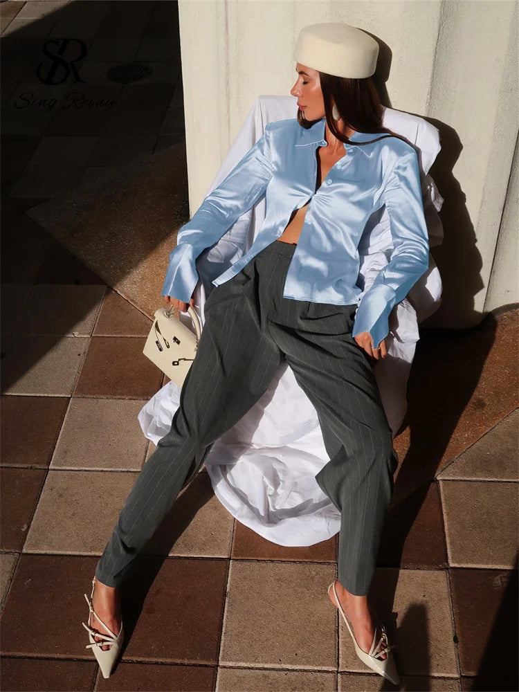 Slim Fit Satin Long Sleeve Button-Up Blouse for Women
