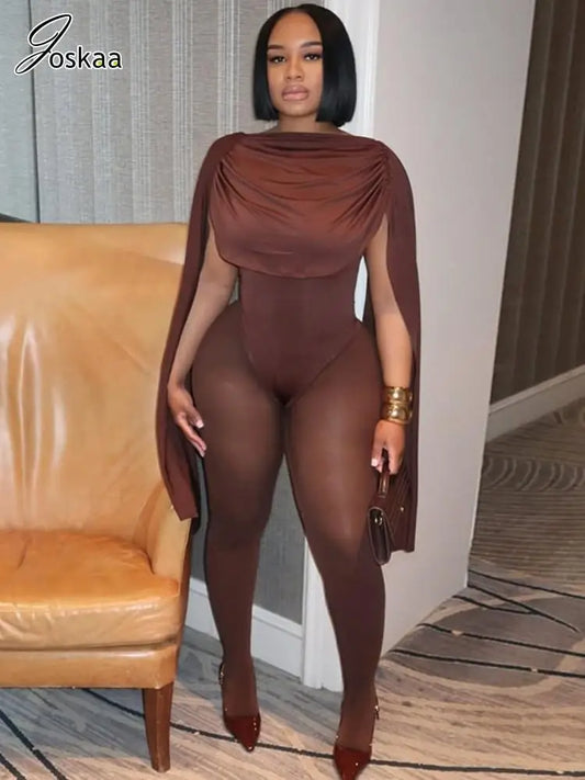 Joskaa Women's 2025 Fall Elegant Ruched Slash Neck Bodycon Jumpsuit Sexy Party Club One Piece Romper Fashion Overalls Streetwear