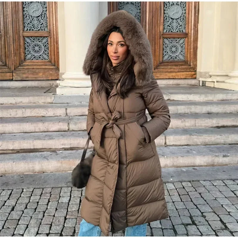 Casual Hooded With Zipper And Lace Up Front And Faux Fur Collar Coat for Women