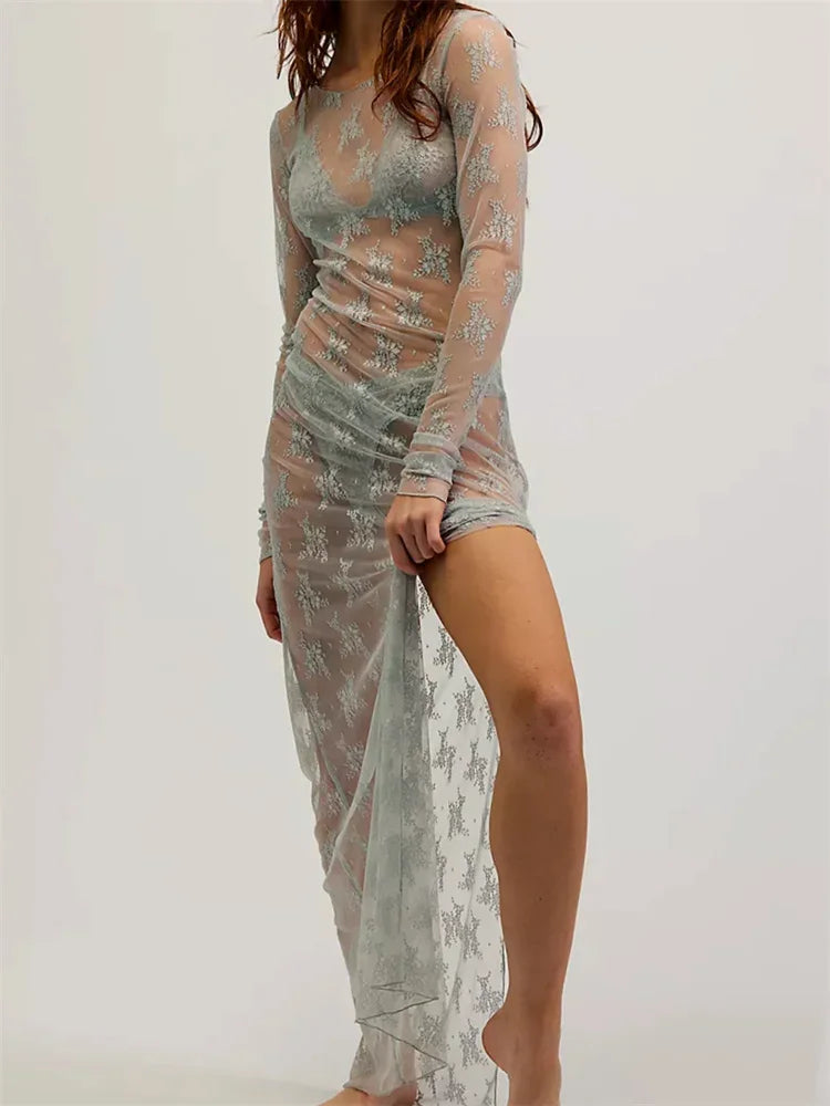 See-Through Lace Dress with Long Sleeves High Slit for Women