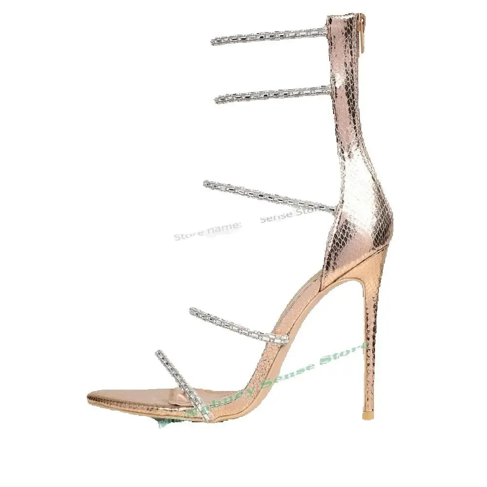 Crystal Open Toe Back Zipper Thin High Heel Sandals For Women