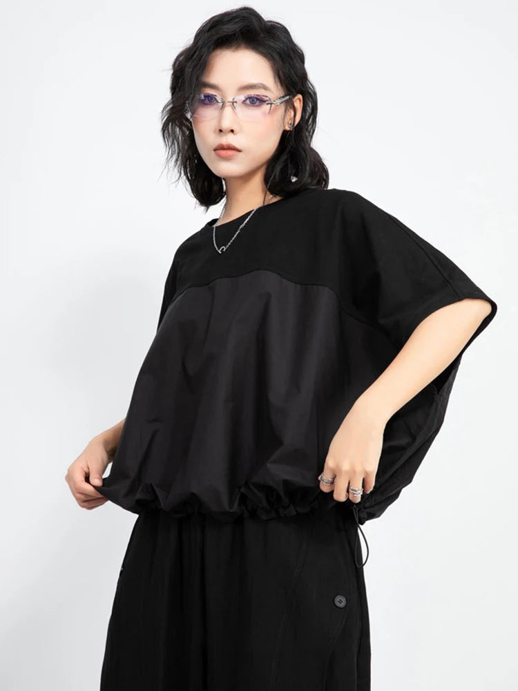 [EAM] Women Black Drawstring Big Size Casual T-shirt New Round Neck Short Batwing Sleeve Fashion Tide Spring Summer 2025 1DJ1031
