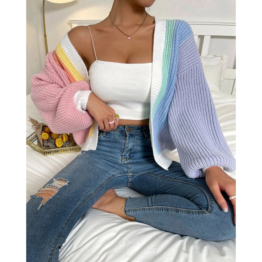 Autumn Women Rainbow Open Stitch Sweater Knitted Cardigan Fashion Long Sleeve Colorblock Striped Longline Casual Long Coat
