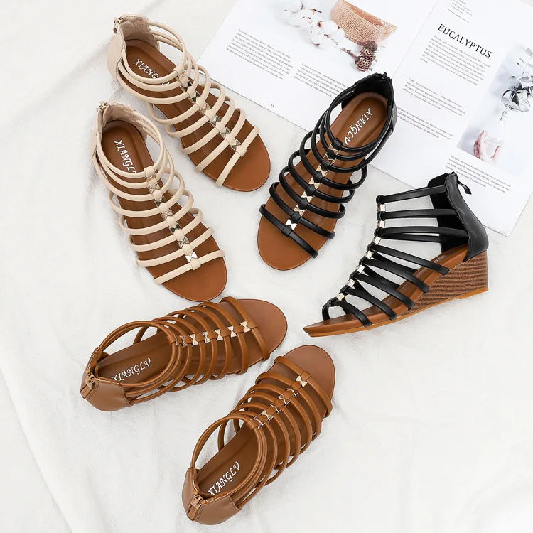 Vintage Hollow Roman Wedge Sandals Round Toe For Women