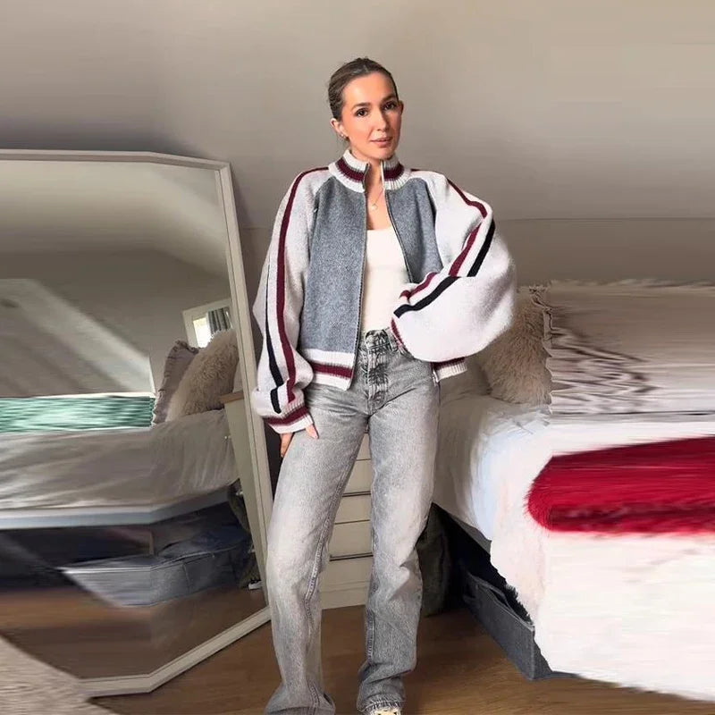 Printed Striped Knitted Baseball Cardigan for Women