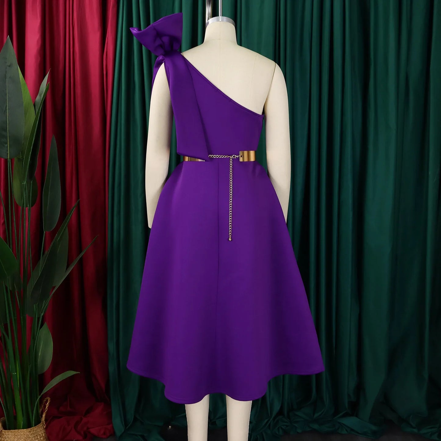 Dress One Shoulder A Line Pleated Knee Length Sleeveless Bow Belt Elegant Party Style