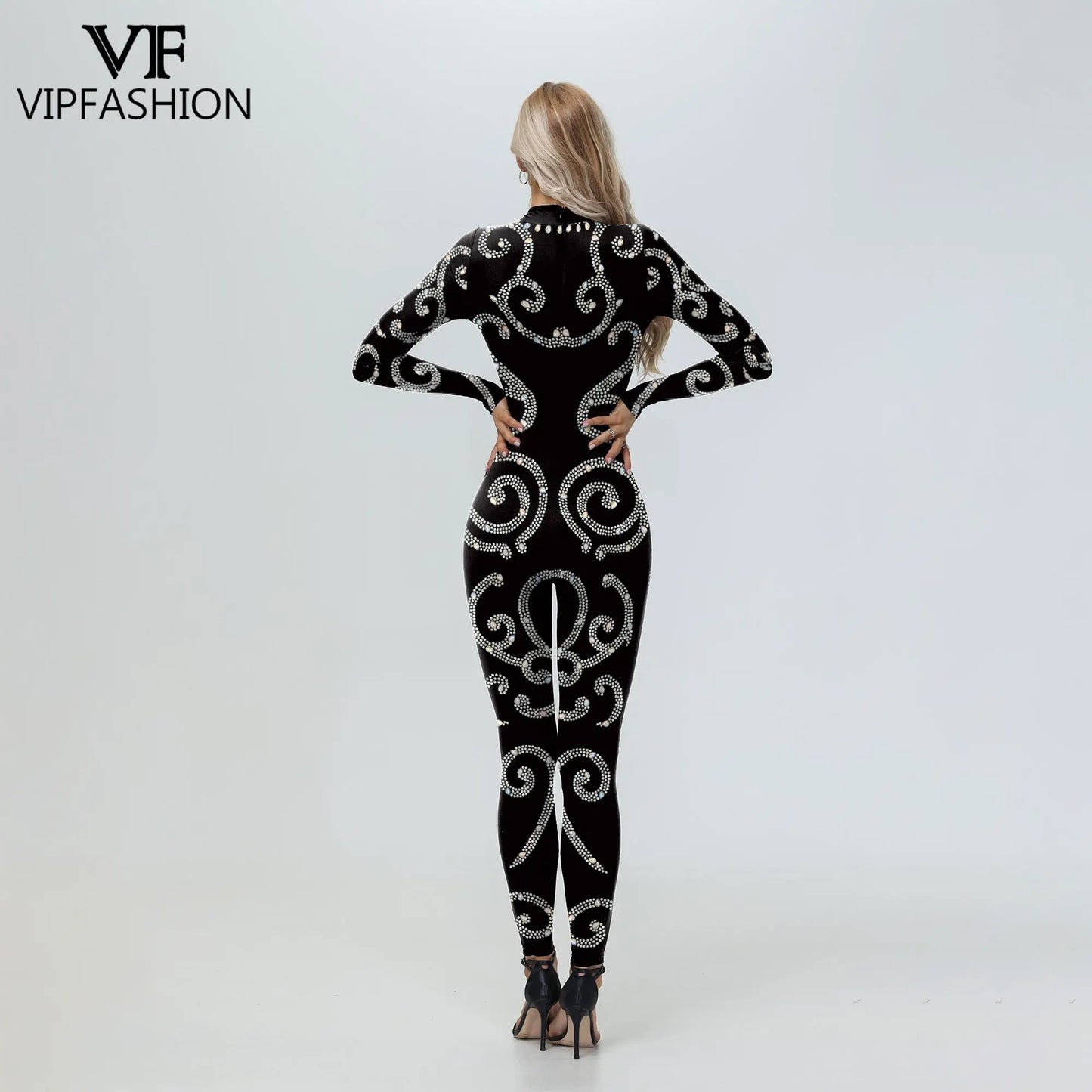 Elegant Skin Color Rhinestone Print Jumpsuit for Women