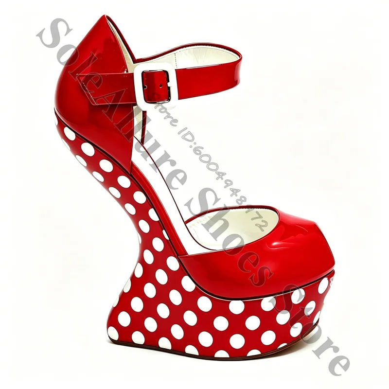 Glossy Polka Dot Buckle Strap Wedge Platform Sandals For Women