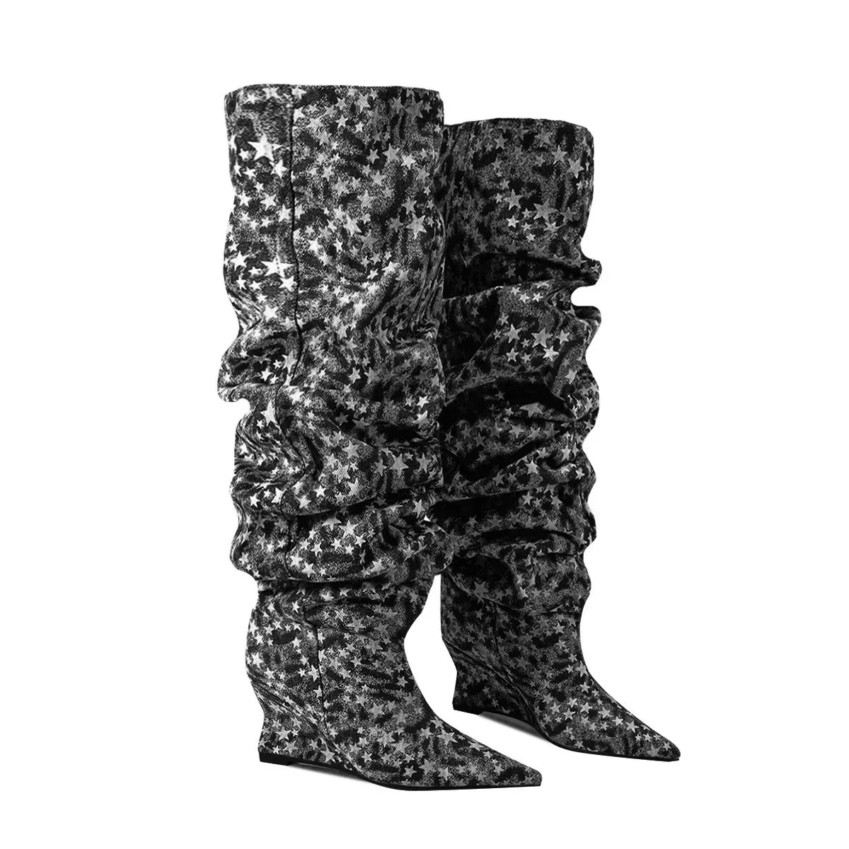 Pointed Toe Denim Over-The-Knee With Wedge Boots for Women