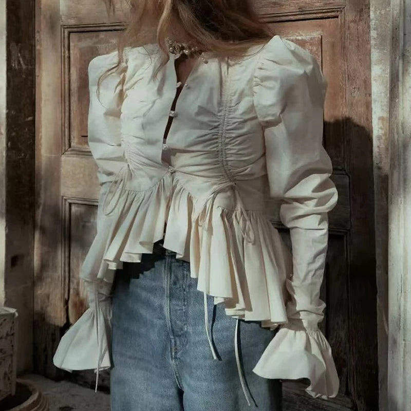 Casual Hollow Out Lace Tie Up Long Sleeve Blouse for Women