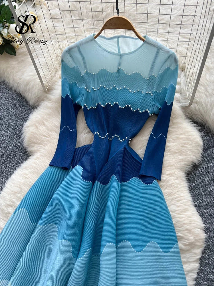 Wave Print Long Sleeve Ankle Length Evening Dress for Women
