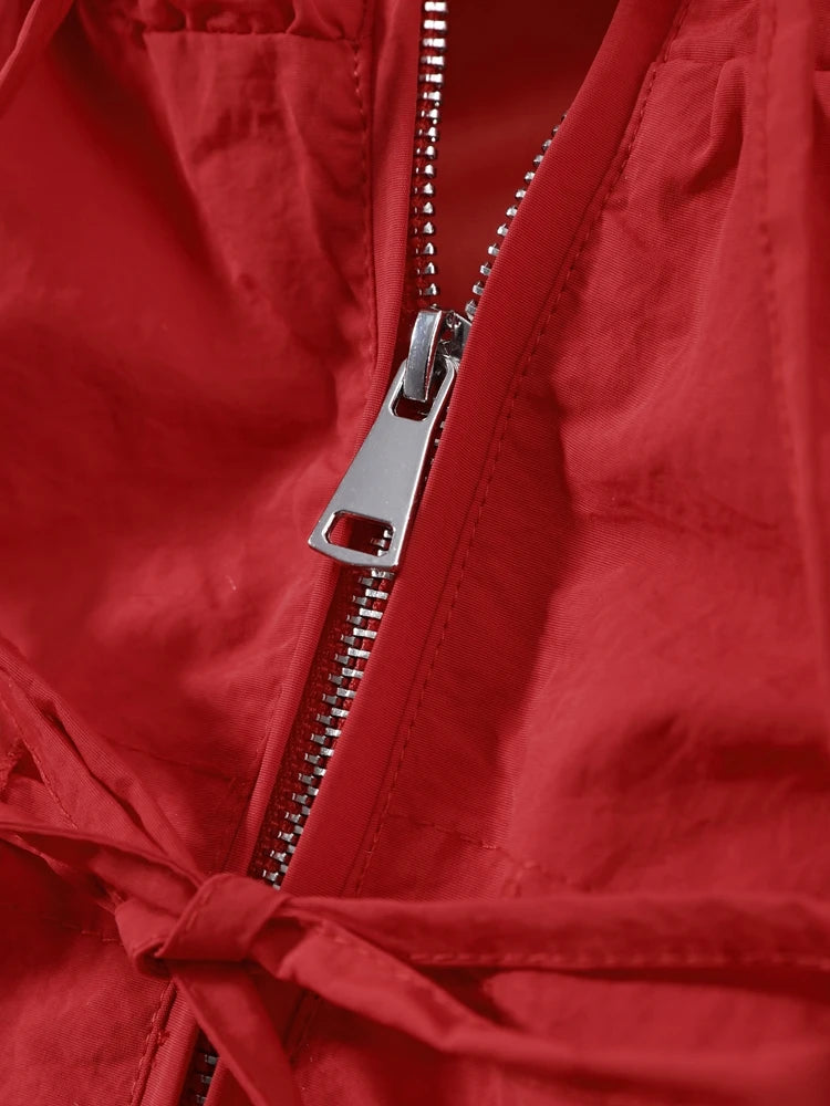 Hooded Zippered Stand Collar Lace-Up Jacket for Women
