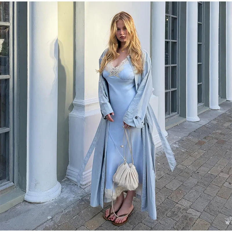 Lapel Collar Button Front Long Trench Coat With Waist Belt for Women