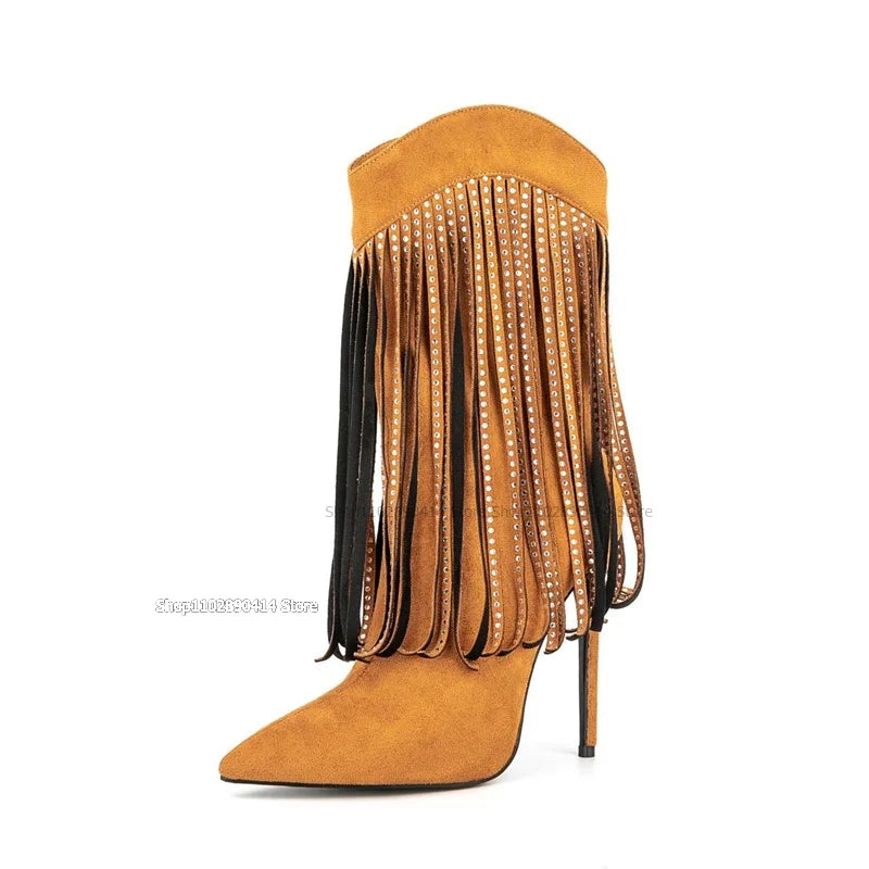 Black Pointed Toe Boots With Crystal Tassels For Women