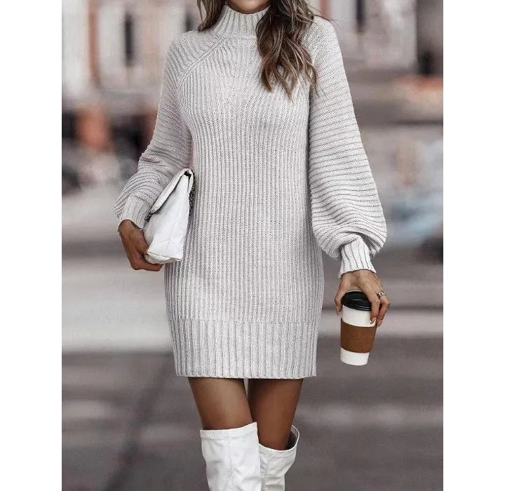 White Knit Lantern Sleeve Dress
