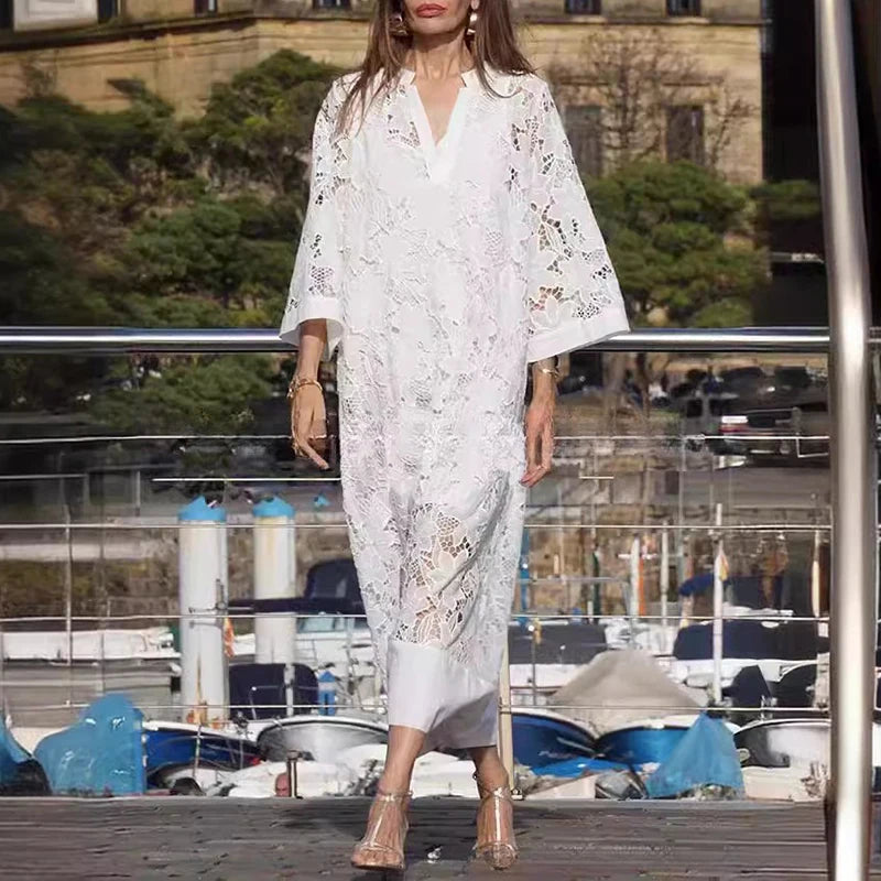 Summer Women White Lace Hollow Evening Dress Elegant V Neck Contrast Patchwork Mesh Women Long Sleeve Party lace Dress 2 piec