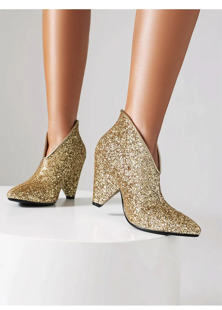 New Blingbling Pointed Toe Women Chunky Spike Heel Sequins Ankle Boots V Open Slip On Spike Heel Pointy Sequined Boots Size 43