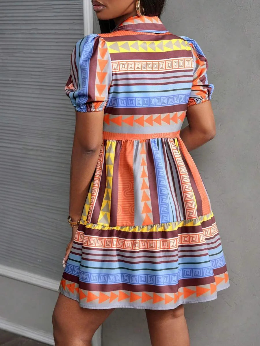 Vintage Floral Print Ruffle Mini Shirt Dress for Women