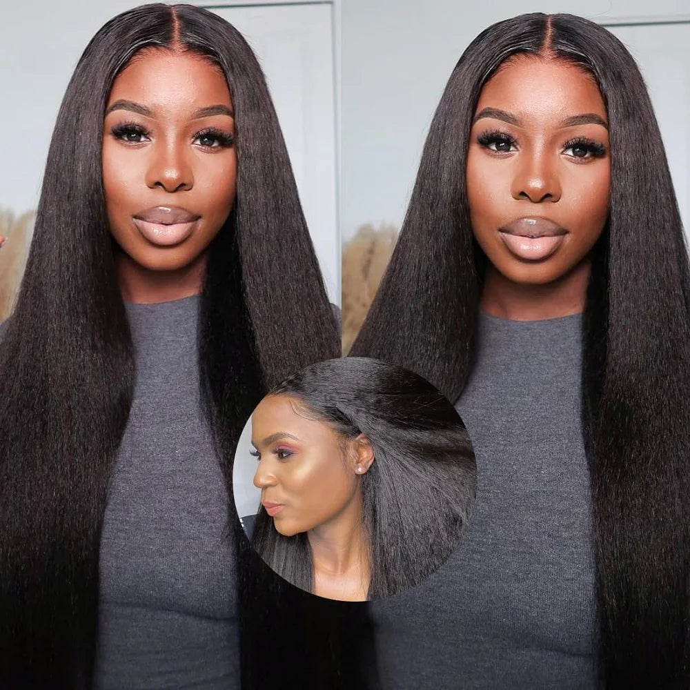 Seamless Kinky Straight V Part Glueless Human Hair Wig For Women