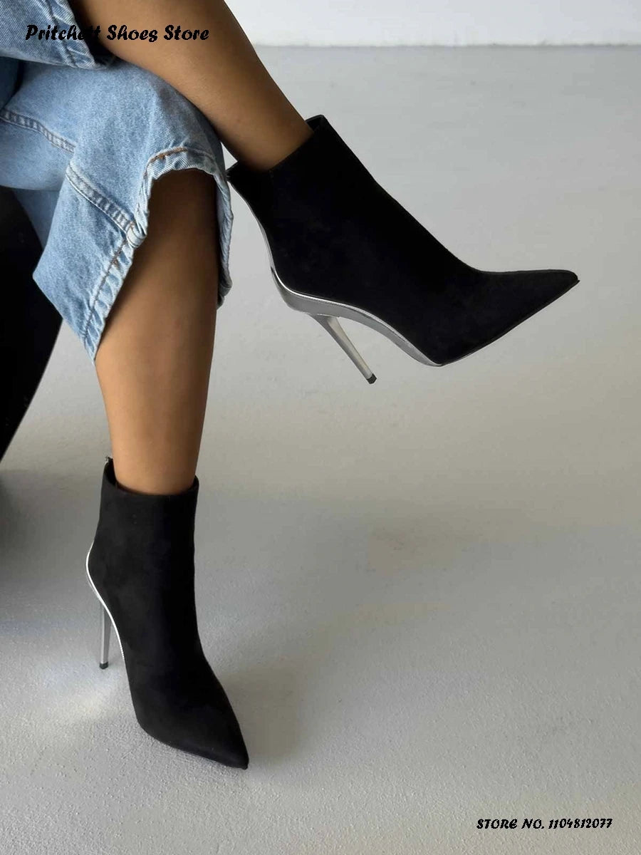 Patchwork Leather Trimmed Pointed Toe Ankle Boots for Women