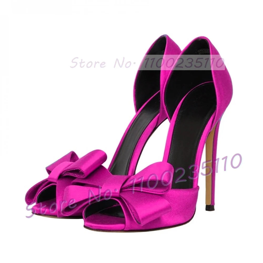 Elegant Rose Red Satin Bowknot Peep Toe Pumps for Women