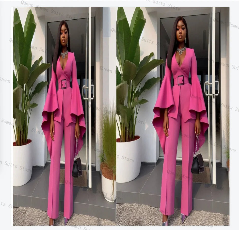 Pink Cotton Classic Two Piece Suit With Wide Sleeve Pants For Women