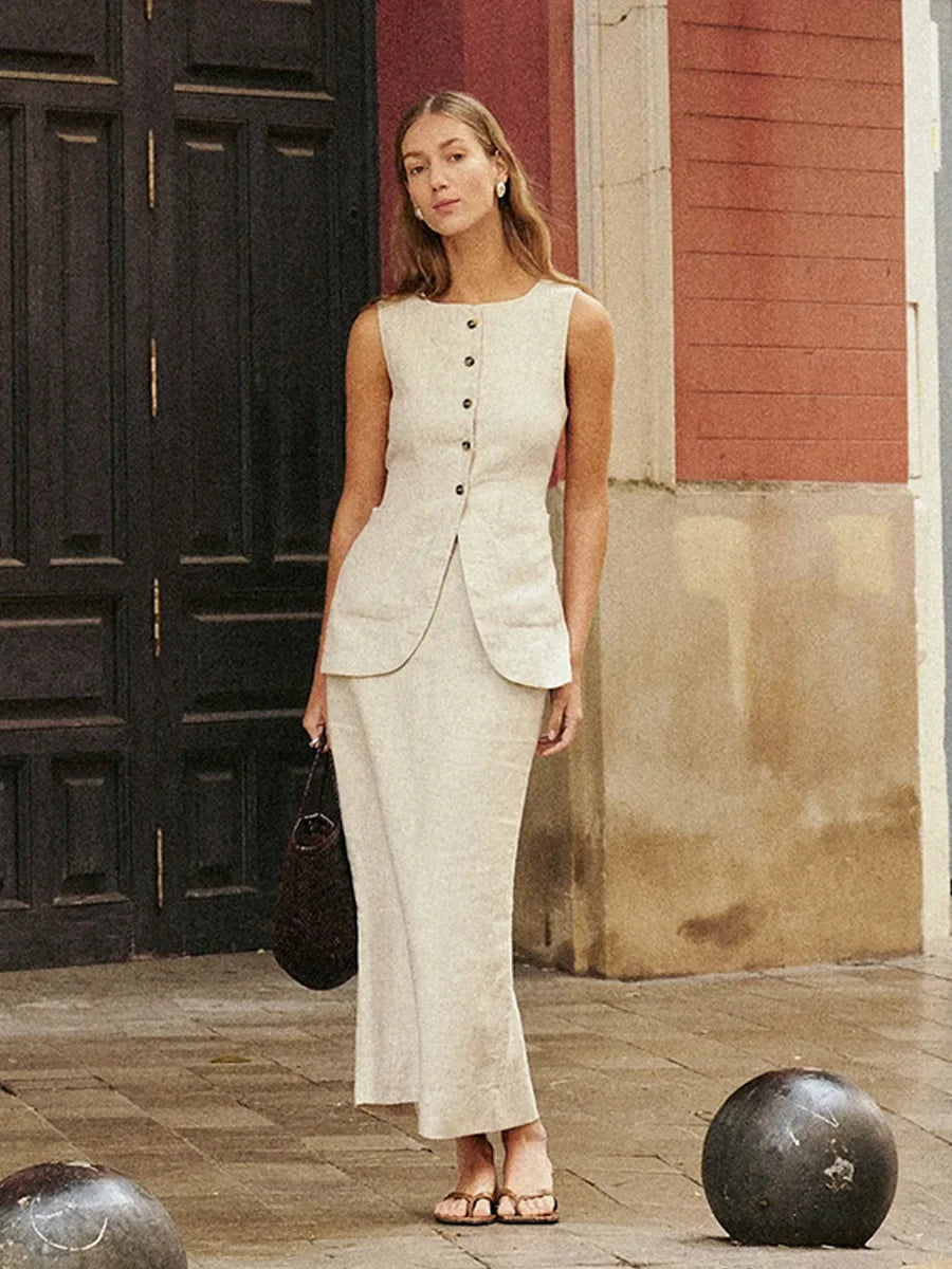 Breathable Linen High Waist Vest And Skirt Set For Women