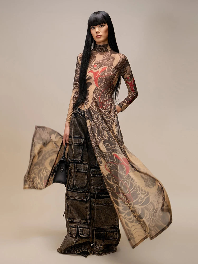 Snake Print Sheer Turtleneck Long Sleeve Top for Women