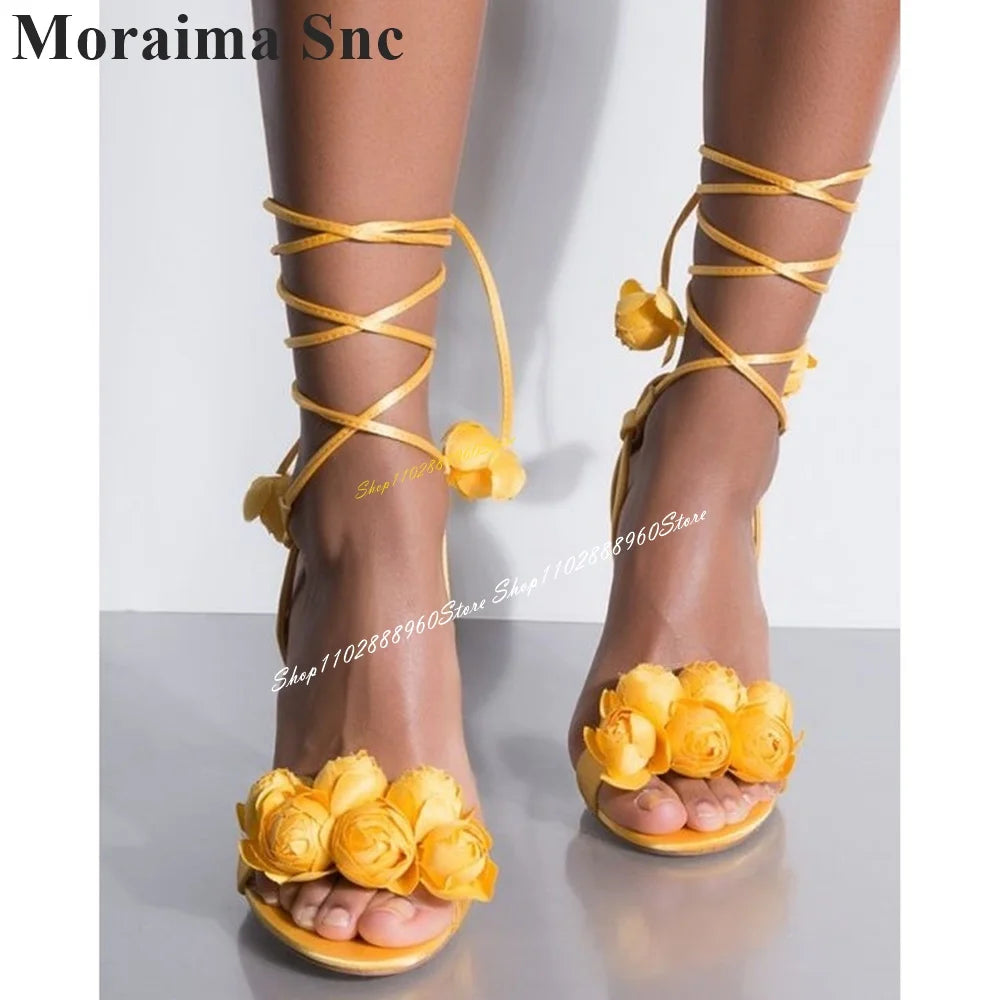 Stylish Yellow Flower Lace Up Open Toe Sandals For Women
