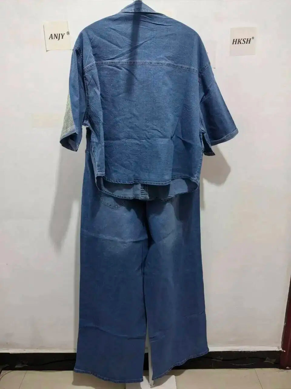 ANJY Autumn New Women's 2 Pieces Set Fashion Full Diamonds Short Sleeve Denim Shirt Elegant Fresh Straight Chic Ins Jeans A15818
