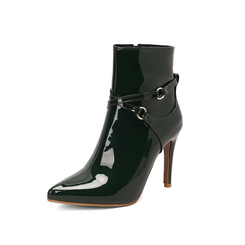 Glossy Patent Leather Pointed Toe Stiletto Ankle Boots for Women