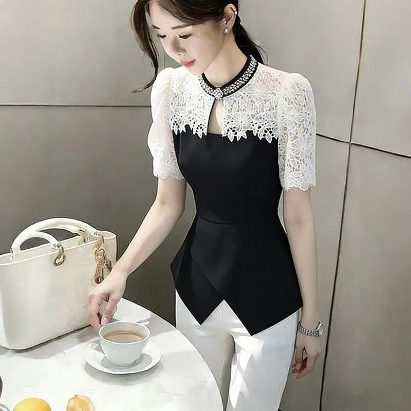 Chic Black Lace Spliced Short Sleeve Summer Shirt For Women