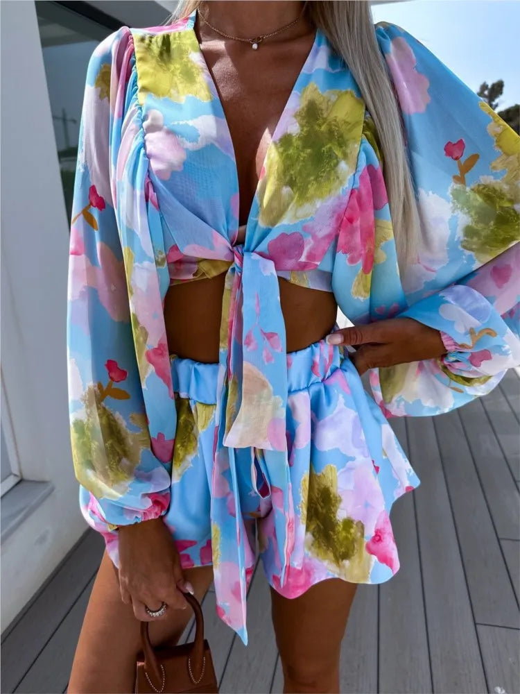 Lace-Up Lantern Sleeve Deep-V-Neck Chiffon Two-Piece Set for Women