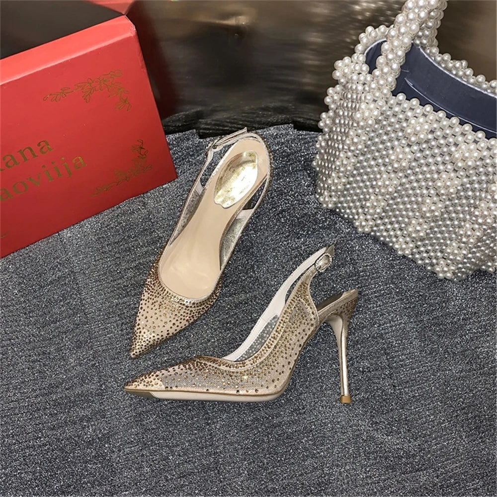 Rhinestone Mesh Pointed Toe Thin High Heels for Women