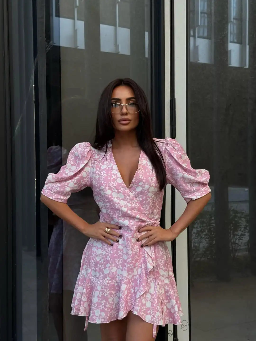 Floral Printed Lace Up Puff Sleeve Mini Dress for Women