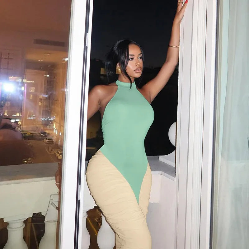 BOOFEENAA Patchwork Halter Backless Maxi Dress for Dinner Evening Gown Sexy Elegant Party Dresses for Woman Fall 2025 C15-CH41