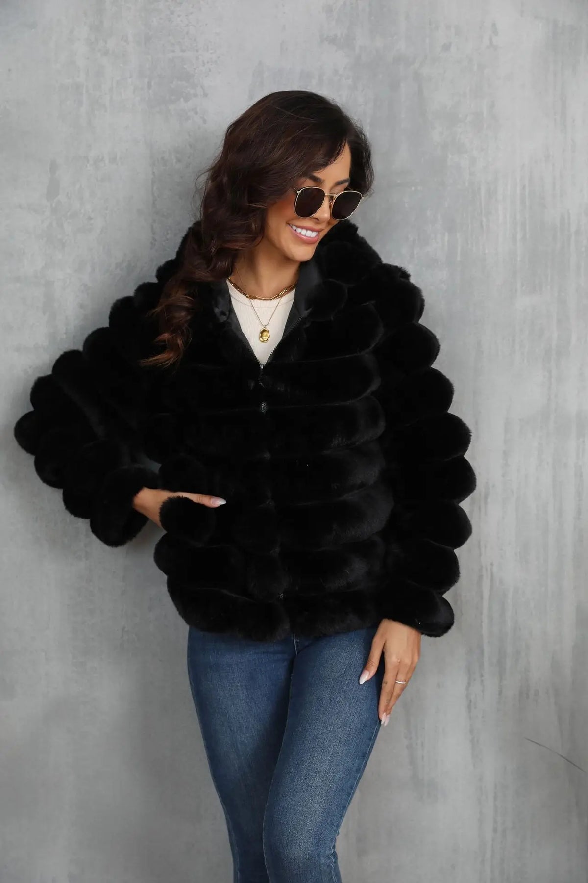 Warm Hooded Short Faux Fur Coat With Turn Down Collar for Women